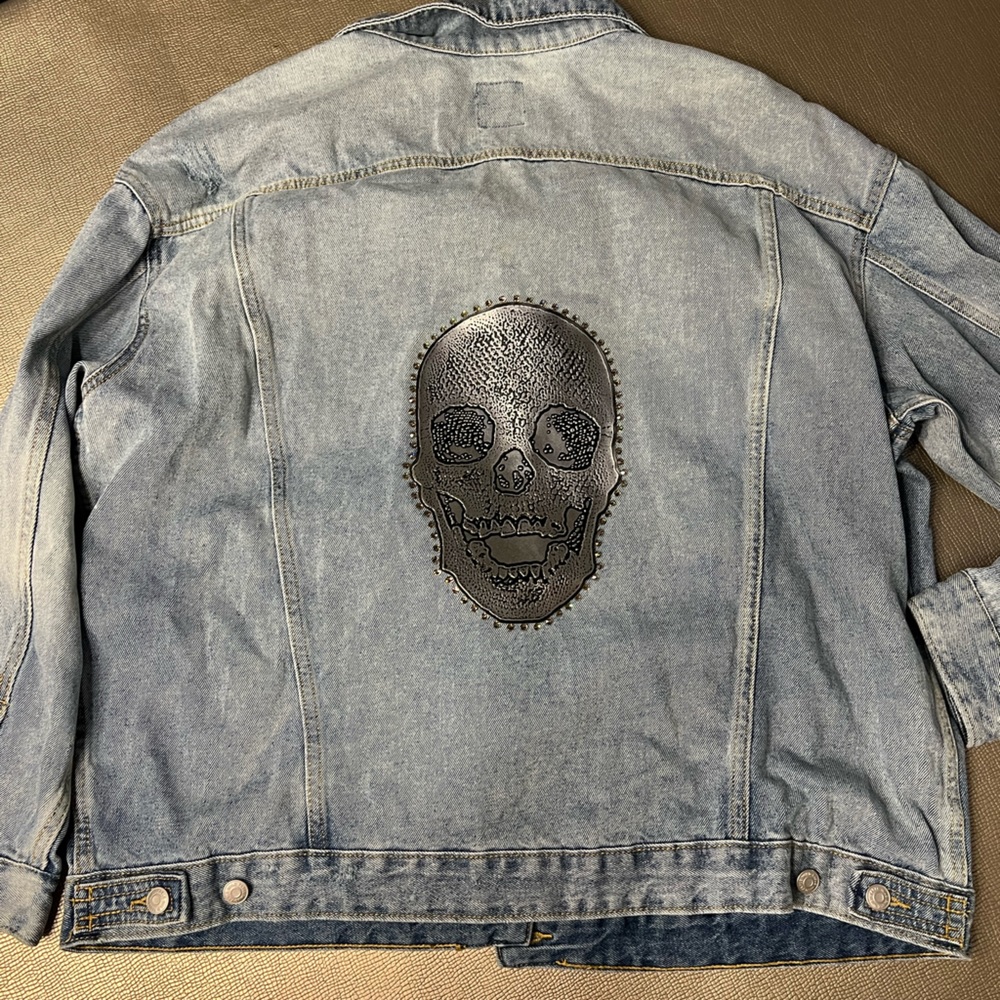 DIY wild Fable you are loved jean jacket distressed with skull and rhinestone